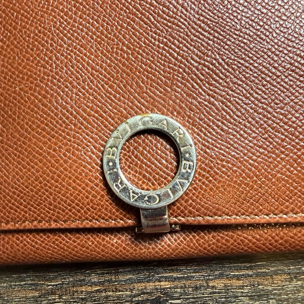 BVLGARI Leather Long Wallet with Silver-Tone Ring Closure - Brown - Picture 2 of 12